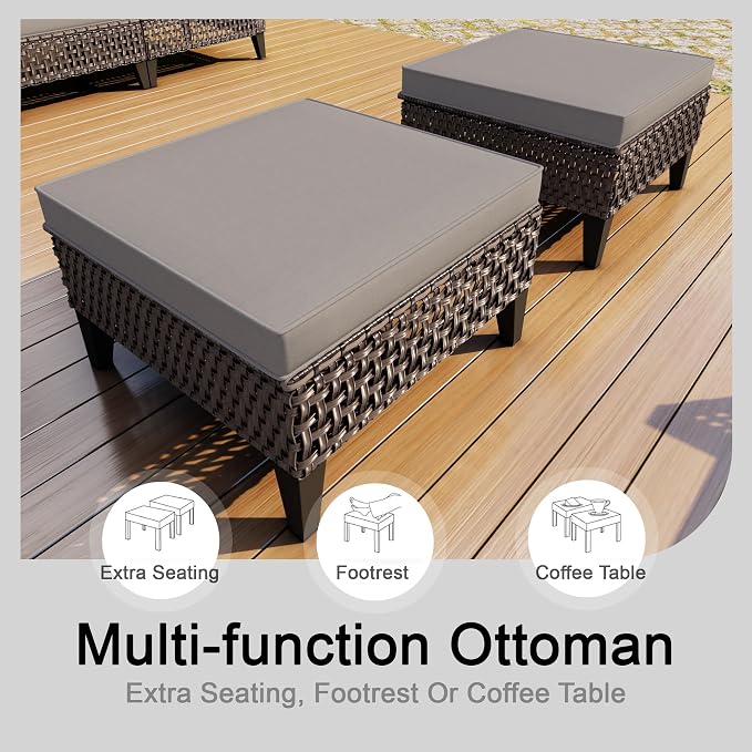 7 Pieces Patio Conversation Set, Wicker Rattan Sectional Modular Sofa Seating Set with Armchairs and Ottomans, Outdoor Furniture for Porch, Poolside, Deck, Balcony, Backyard, Yard (Gray Cushions)