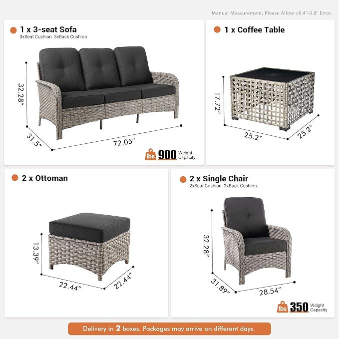 6-Piece Outdoor Patio Furniture Set with Glowing Coffee Table,All Weather Wicker Rattan Patio Seating Sofa and Chair Set with Ottomans,Outdoor Conversation Sets for Porch Deck Yard,Black