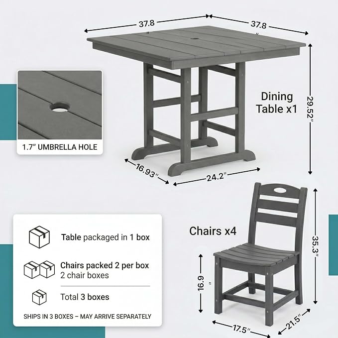 WILLIAMSPACE 37.8" Outdoor Patio Dining Set with 4 Armless Chairs, All Weather HDPE Square Dining Table with Umbrella Hole, Patio 5-Piece Bistro Set for Backyard, Balcony, Lawn, Kitchen (Grey)