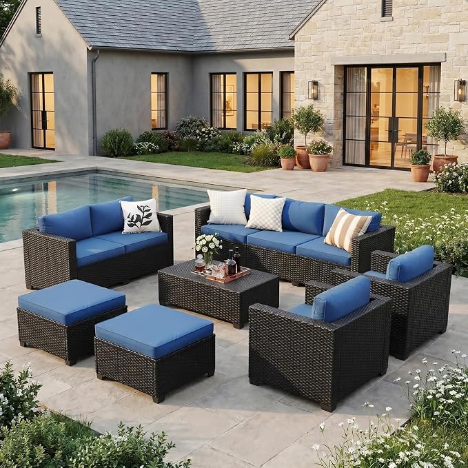 LazySunsets 7-Piece Outdoor Patio Furniture Set, Rattan Outdoor Sectional with Thick Waterproof Cushions, Wicker Ottomans & Waterproof Cover, Patio Conversation Set for Garden, Backyard,Navy Blue