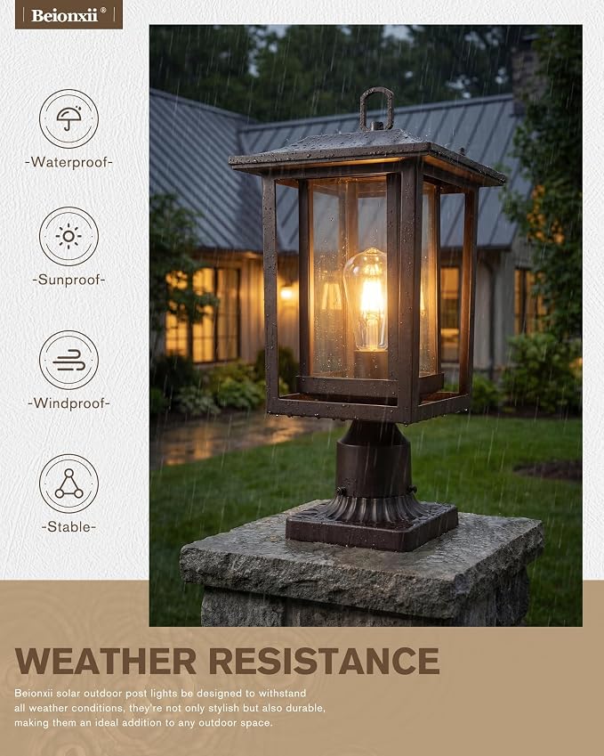 Beionxii Oil Rubbed Bronze Outdoor Post Lights 2 Pack, 19In Lamp Post Light Fixture for Outside with Pier Mount Base, Waterproof Aluminum Housing,ORB Column Mount Light(Hardwired 120V),BXA197-P-2P-ORB