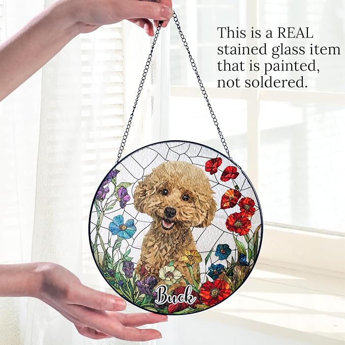Personalized Stained Glass Pet Photo Suncatcher – Custom Pet Portrait Memorial Window Hanging with Flowers, Keepsake Valentines Gift for Dog Lovers, Cat Lovers, Family Home Decor