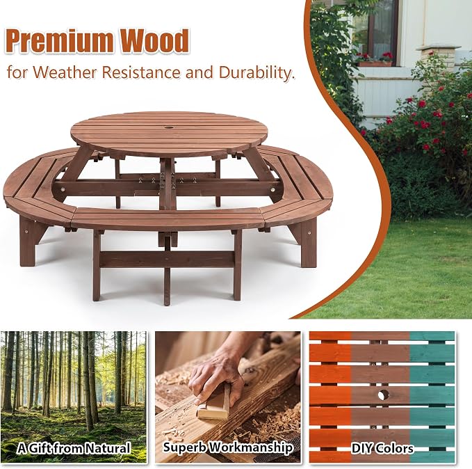 10-12 Person Round Wood Picnic Table, Outdoor Wooden Picnic Table with 1 Built-in Ring Stool, Umbrella Hole, Circular Outside Table Bench Set for Garden, Backyard, Porch, Patio, 1500lb Capacity, Brown