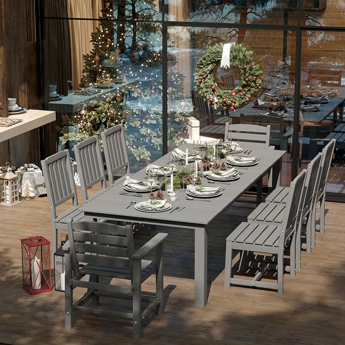 9-Piece HDPE Patio Dining Set for 8, 75.2" Table,Gray | HDPE material, umbrella hole design, weather-resistant patio furniture, perfect for yard, lawn, garden, balcony, deck