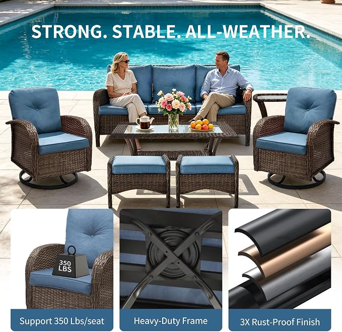 SHGJ&SOFT All Weather Patio Furniture Set, High Back Swivel Rocker Glider Chairs，Ottomans & Glass Tables, Outdoor Conversation Set for Deck Porch Yard Poolside (Blue, 7PCS-Sofa&Chairs&Ottomans&Table)