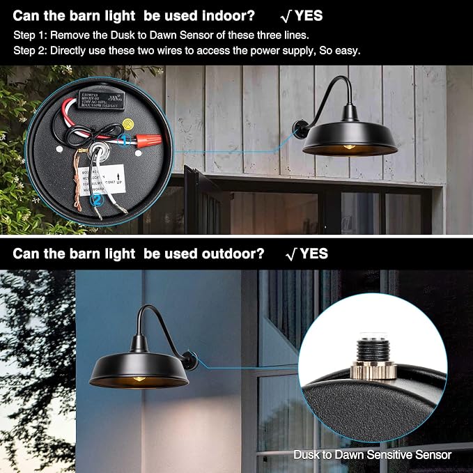 Gooseneck Barn-Lights Outdoor Fixture - 24 inch Farm Style Black Large Lighting Farmhouse Exterior Sconce Wall Light for House, Dusk to Dawn Sensor Front Door Porch Garage (24 inch)
