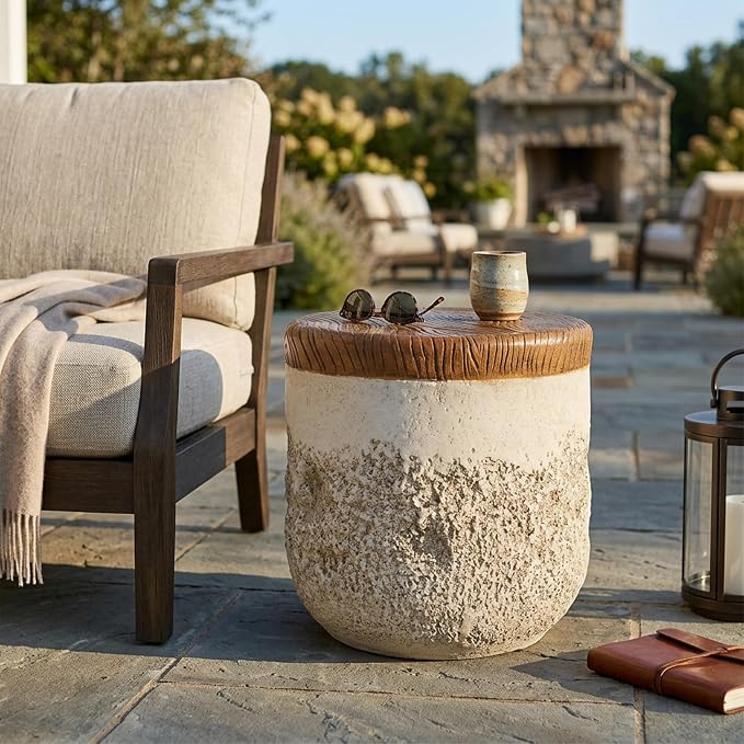 Outdoor Side Table, Modern Organic MGO Accent End Table for Patio, Living Room, Beige Tone Base with Faux Wood Grain Top