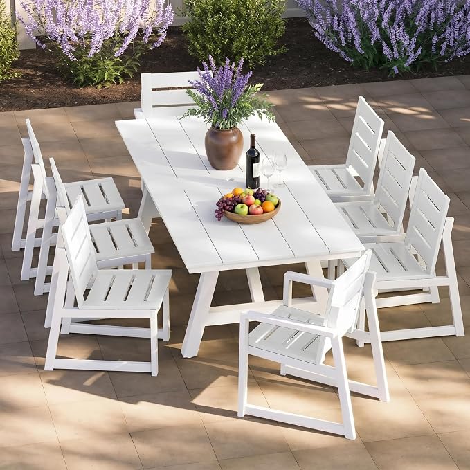 Costaelm Stinson 9-Piece Outdoor HDPE Patio Dining Table Set with Umbrella Hole & Dining Chairs for 8, White