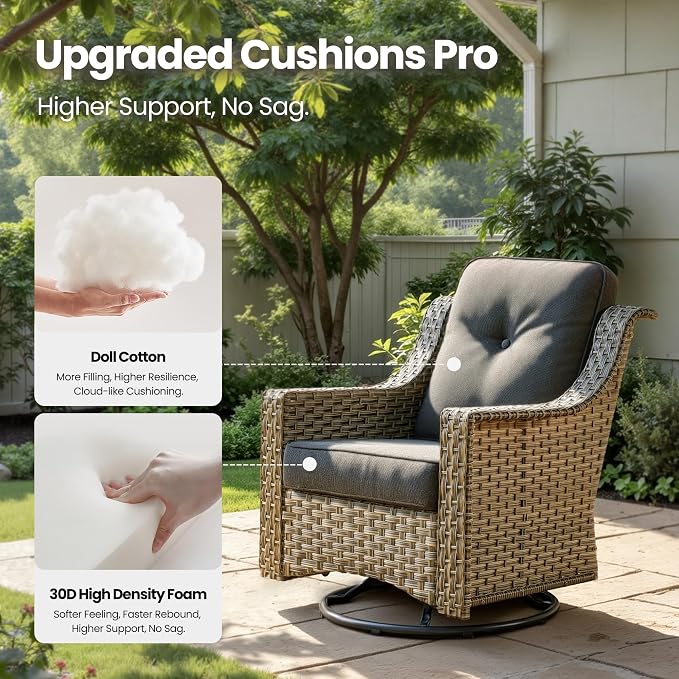 6 Piece Patio Furniture Set with Swivel Rocker Chairs, Outdoor Wicker High Back Sofa Glider Chair Ottoman with Cushion, All Weather Conversation Sets for Backyard Poolside Deck, Black