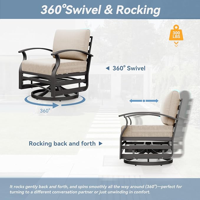Kurapika 5 Piece Modern Metal Outdoor Conversation Sets, Patio Furniture Set, 4 Aluminum Swivel Chairs w/48in Round Propane Fire Pit Table and Thickened Cushions, Sand