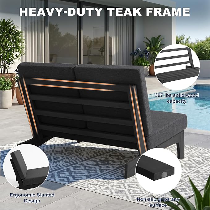 Pia Ricoo 4 Piece Patio Furniture Sets, Outdoor Loveseat Sofa Set with 2 Chairs & Coffee Table, Patio Conversation Set for Backyard, Deck, Lawn, Drak, Dark Wood