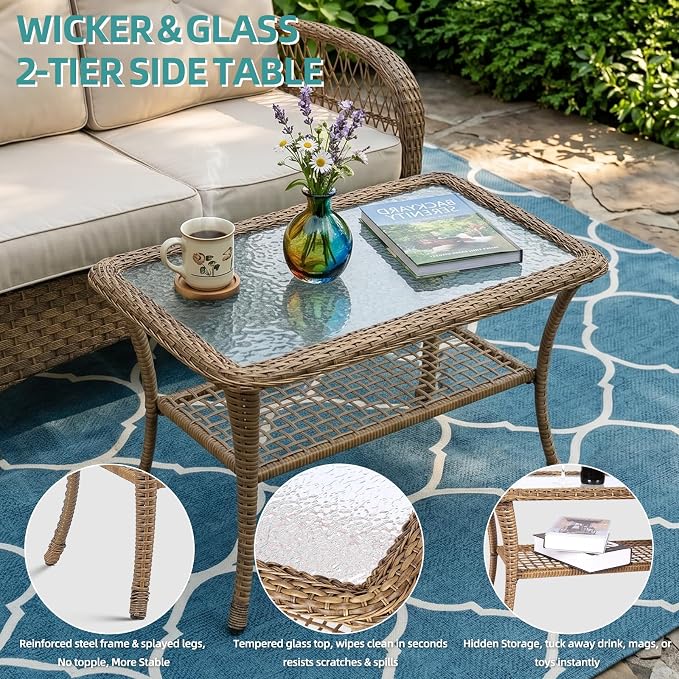 MEETWARM Outdoor Wicker Patio Glider Set, Loveseat for 2 Person Porch Furniture Glider with Glass-Top Coffee Table, Patio Glider Rocking Bench with Thickened Cushions, Brown