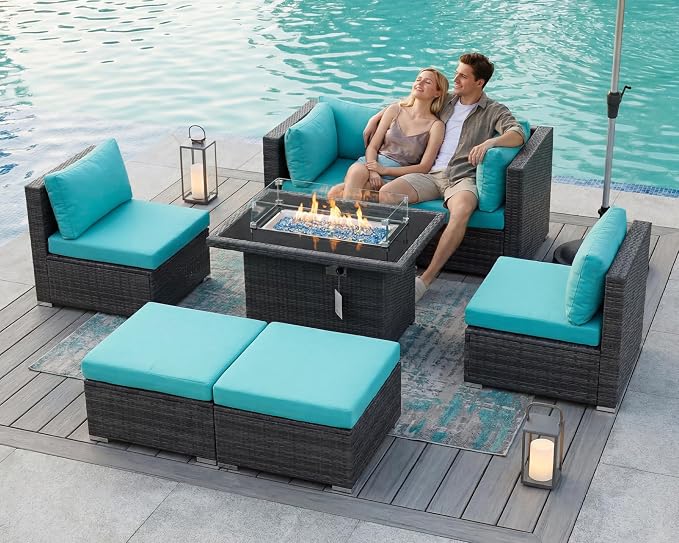 BULEXYARD 7 Piece High Back Outdoor Sectional Set with Fire Pit Table, Wicker Patio Furniture Set Weather-Resistant, Modular 6-Person Couch Sofa Comfortable Wide Deep Seats for Backyard, Grey & Teal