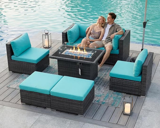 BULEXYARD 7 Piece High Back Outdoor Sectional Set with Fire Pit Table, Wicker Patio Furniture Set Weather-Resistant, Modular 6-Person Couch Sofa Comfortable Wide Deep Seats for Backyard, Grey & Teal