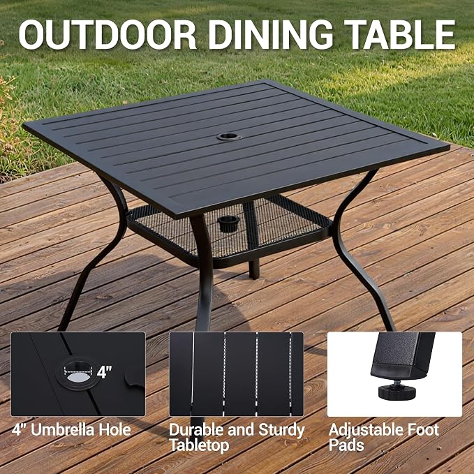 37" Outdoor Dining Table for 4 Person, Metal Rectangular Steel Slat Square Patio Dining Table with Adjustable Umbrella Hole for Garden, Partitioned Storage Rack, Backyard and Porch, Black