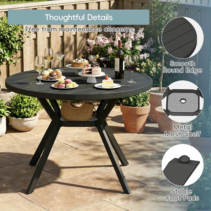5 Piece Patio Dining Set for 4 Swivel Chairs and 42” Round Metal Table with Umbrella Hole, All Weather Patio Dining Furniture Set for Deck Lawn Backyard, Black Table and Navy Blue Chairs Set