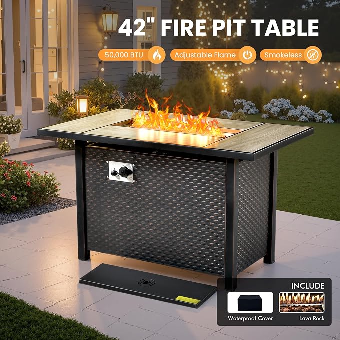 Outdoor Sectional Patio Furniture Set with Fire Pit Table and Glowing Table,6 Pieces Wicker Conversation Sets L Shaped Couch Out Door Sofa Set Outside Furniture for Garden Deck Yard,Red