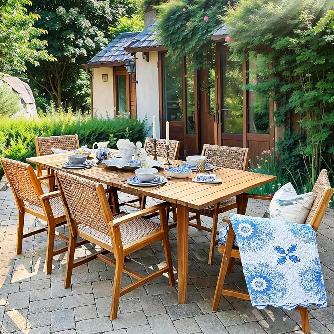 PHI VILLA Patio Dining Set,Acacia Wood Table and Rattan Chairs | PE Rattan chairs, Bright Brown, for Patio, Deck, Yard, Porch