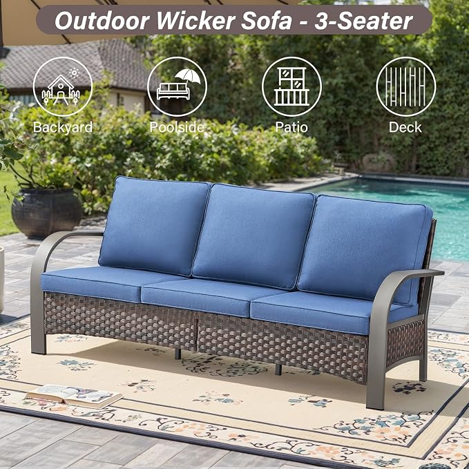 Belord 5 Piece Outdoor Wicker Furniture Set, High Back Deep Seating Patio Sofa Set with Metal Armrests Rattan Chairs, and Ottomans for Porch Deck Sunroom Backyard