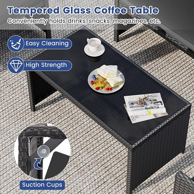 Tangkula 8 Pieces Patio Wicker Furniture Set, Outdoor Heavy Duty Rattan Cushioned Chairs, Loveseat and Tempered Glass Coffee Table, for Backyard, Balcony, Poolside (2, Black)