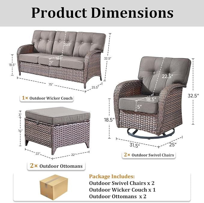 Patio Furniture Set, 5PCS Outdoor Wicker Conversation Set with 5" Thick Cushions, High Back Rattan Sofa & Swivel Rocker Chairs, Weather Resistant Olefin Fabric for Garden, Poolside Brown/Grey