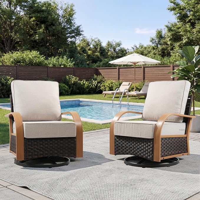Belord Outdoor Swivel Chairs Set of 2, Wicker Rocking Chair with 6-Inch Thick Cushions, All Weather Rattan Rocker Patio Chair, Patio Furniture Set for Balcony Porch Deck Yard, Wood & Beige