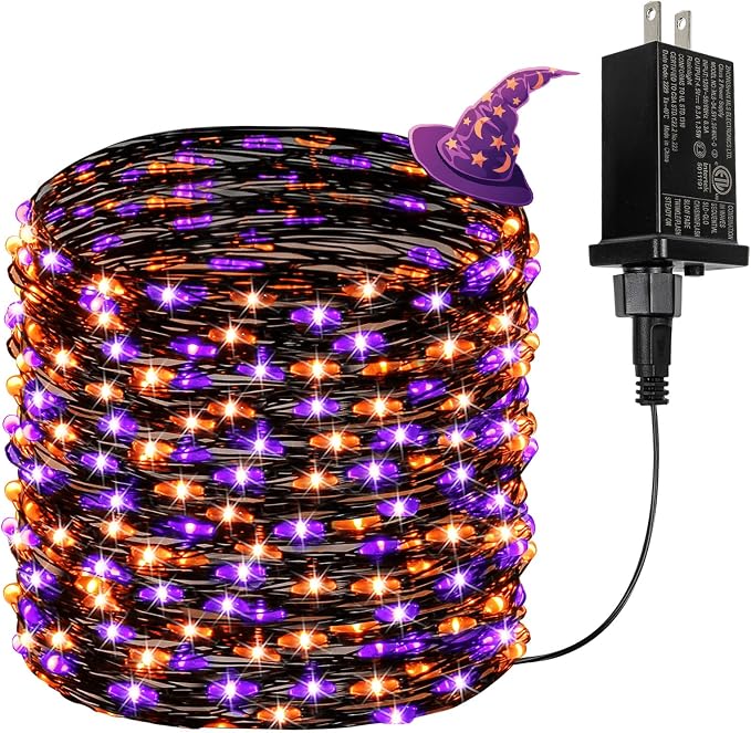 66FT 200 LED Fairy Lights Plug in, 8 Modes Twinkle Lights Purple and Orange | Waterproof String Lights Outdoor Indoor, Memory, Timer, Copper Wire, Halloween Lights for Bedroom Garden Party Holiday Decor