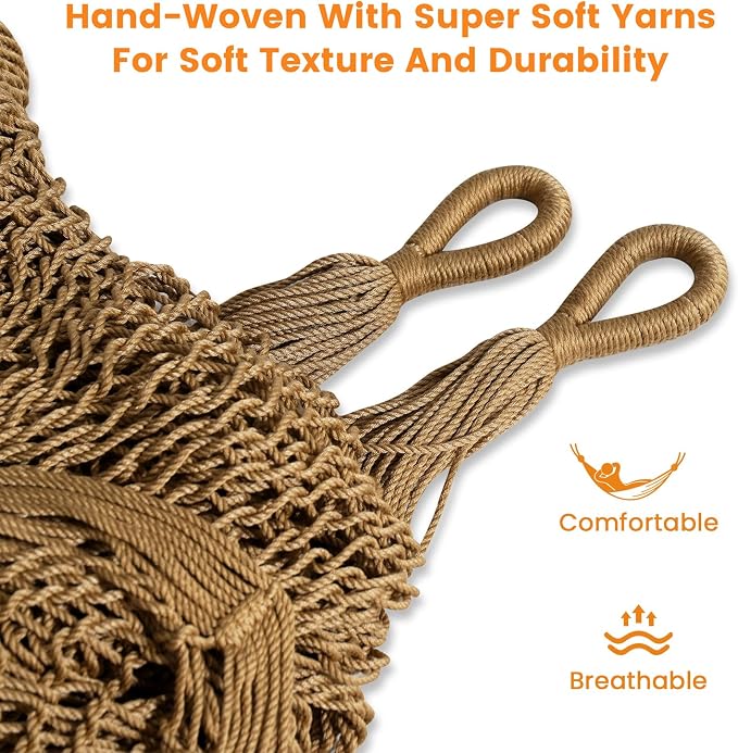 Lazy Daze Hammocks Handwoven Mayan Hammock with Heavy Duty Steel Stand, 10.5 FT Soft Rope Double Hammock for Patio Outside, 550 lbs Weight Capacity, Tan
