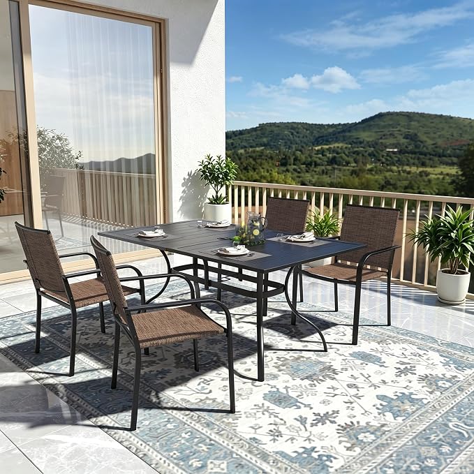 Patio Dining Set of 5 with Brown Tan Stackable Chairs, 63" Rectangle Table | Stackable Chairs, Metal Rectangle Table, Slat Table Top, 4 or 6 Person Use, All Weather, Textilene fabric Seat and Back