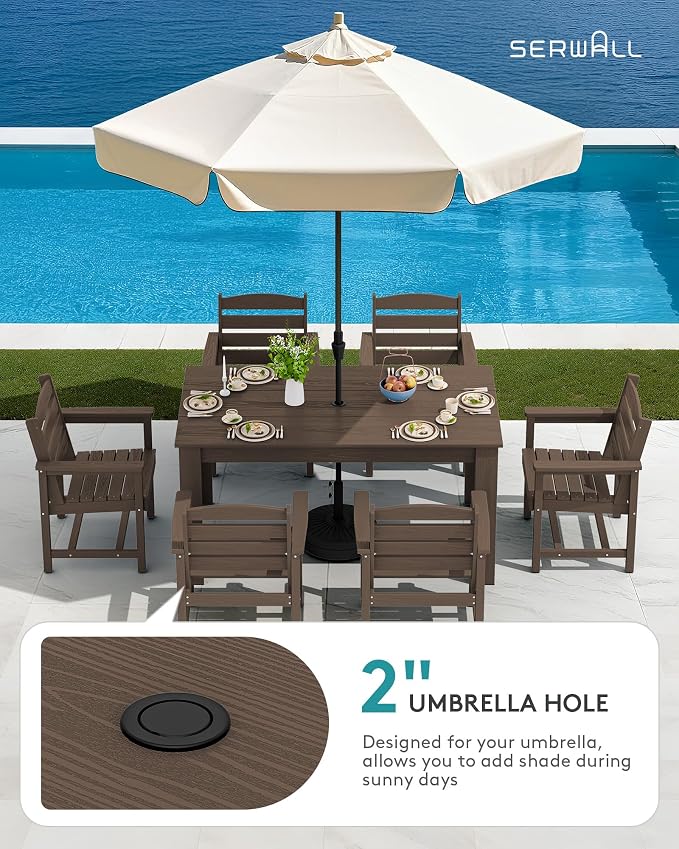 SERWALL 59" HDPE Patio Dining Set for 6, w/ 1 Table & 6 Armchairs, Coffee | All Weather Resistant HDPE Dining Sets for Patio, Garden, Backyard