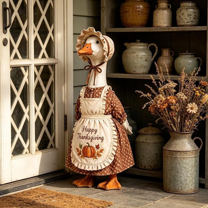 Thanksgiving Pilgrim Porch Goose Outfits for 23'' Goose Statue | Fall Pumpkin Dress Goose Clothes, Pilgrim Costume, ''Happy Thanksgiving'' Apron, Bonnet, Autumn Yard Patio Garden Decor