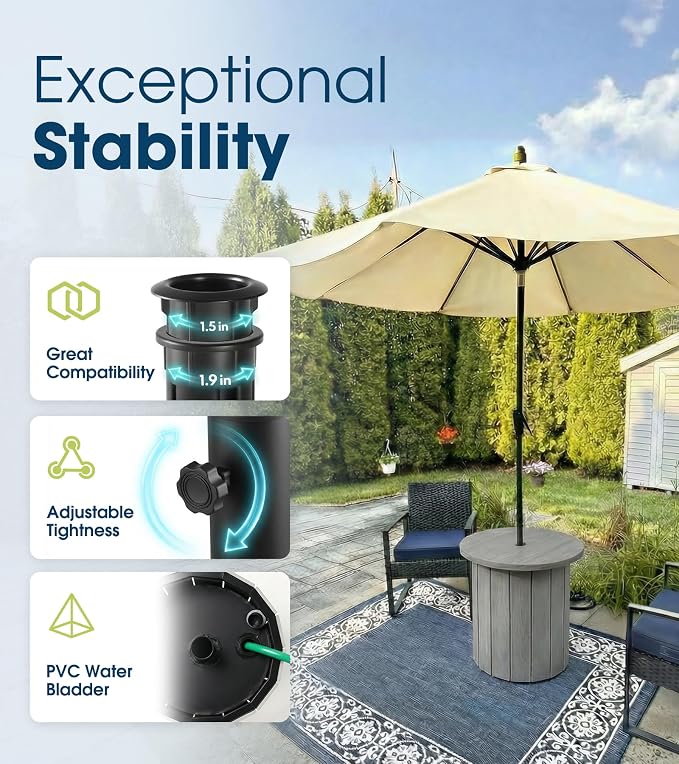 wikiwiki 2-in-1 70Lbs Patio Umbrella Base & Outdoor Side Table with Hole, HDPE Woodgrain Small Outdoor Table Fits 1.5-1.9in Pole for Patio, Deck, Poolside & Garden Use, Gray