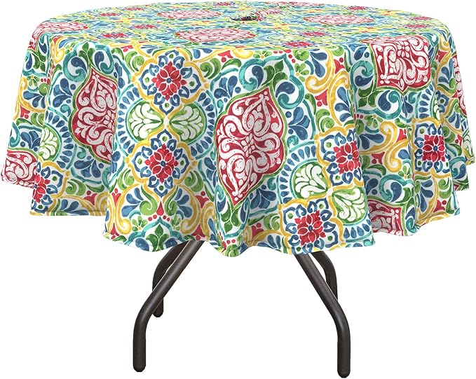 DYTXIII Outdoor Round Tablecloth with Umbrella Hole 60 Inch, Water Repellent & Fade Resistant Table Cover, All Weather Outdoor Tablecloth for Garden & Party Table, Damask Red