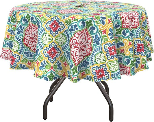 DYTXIII Outdoor Round Tablecloth with Umbrella Hole 60 Inch, Water Repellent & Fade Resistant Table Cover, All Weather Outdoor Tablecloth for Garden & Party Table, Damask Red