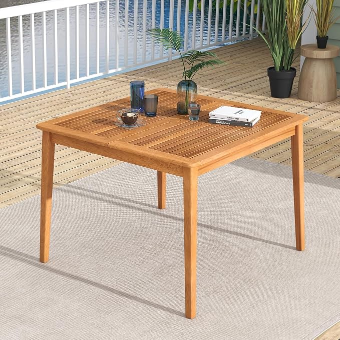 HAPPYGRILL Outdoor Acacia Wood Dining Table for 4 People, 40” Square Patio Bistro Table with Built-in Umbrella Hole, Deck Table for Porch, Garden, Backyard