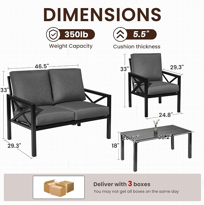 NATURAL EXPRESSIONS Outdoor Patio Furniture 4 Pieces Set, Modern Patio Conversation Sets, Outdoor Sectional Metal Sofa with 5.5 Inch Cushion and Coffee Table,Black