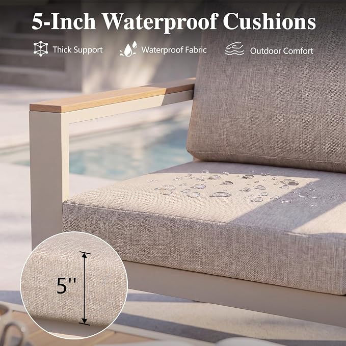 Outdoor Patio Furniture Set, 4-Piece Aluminum Conversation Set with 3-Seat Sofa, 2 Chairs and Coffee Table, 5-Inch Water-Resistant Cushions for Backyard, Deck, Poolside, Beige
