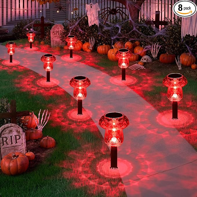Solar Halloween Lights Outdoor 8 Pack Red Garden Mushroom Decor | LED Waterproof Halloween Decorations Outdoor for Pathway Yard Outside Driveway Walkway Landscape Path Lighting, Auto On/Off