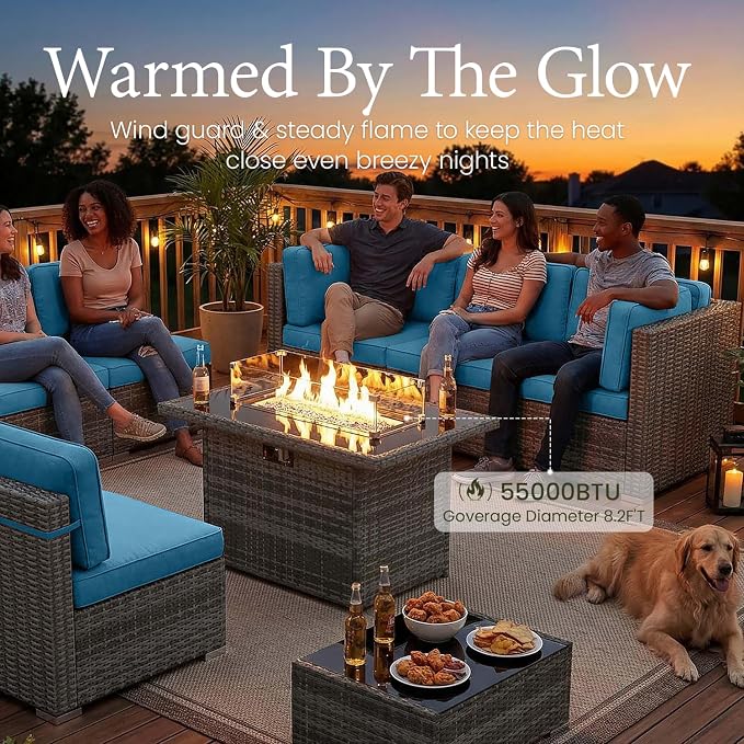 LayinSun 8 Piece Patio Furniture Set with Fire Pit Table, Outdoor Conversation Sets Wicker Rattan Sectional Sofa with Coffee Table