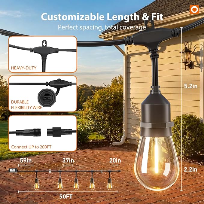 addlon 50FT Outdoor String Lights with Remote Dimmable Waterproof Patio | Warm White Edison Bulbs, Heavy Duty Shatterproof Hanging Strand for Outside Backyard Porch Garden Bistro Pergola Party