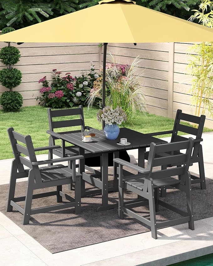 GREENVINES 5-Piece-Outdoor-Dining-Set | HDPE | Square | Patio Furniture | All Weather | Removable Armrests | Slatted Table and Chairs Sets for 4 | for Backyard Poolside Garden | Grey