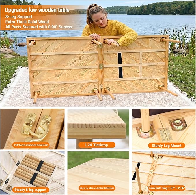 Upgraded Extra Large Low Wooden Folding Picnic Table with 8-Legs, Thick Varnished Tabletop, 80"×30" Portable Boho Beach Table with Table Runner for Yard, Camping, Outdoor Party (Diagonal)