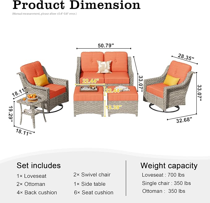 HOOOWOOO 6 Piece Patio Furniture Conversation Sets with Swivel Rocking Chairs,Outdoor Wicker Furniture with Ottoman,All Weather Resistant High Back Rattan Conversational Set(Orange Red)