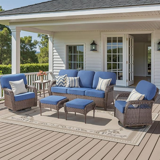 6 Pieces Outdoor Patio Furniture Set, All Weather Wicker Swivel Rocker Patio Chairs Rattan 3 Seater Sofa with Ottomans, High Back Conversation Set for Deck Porch Sunroom, Blue