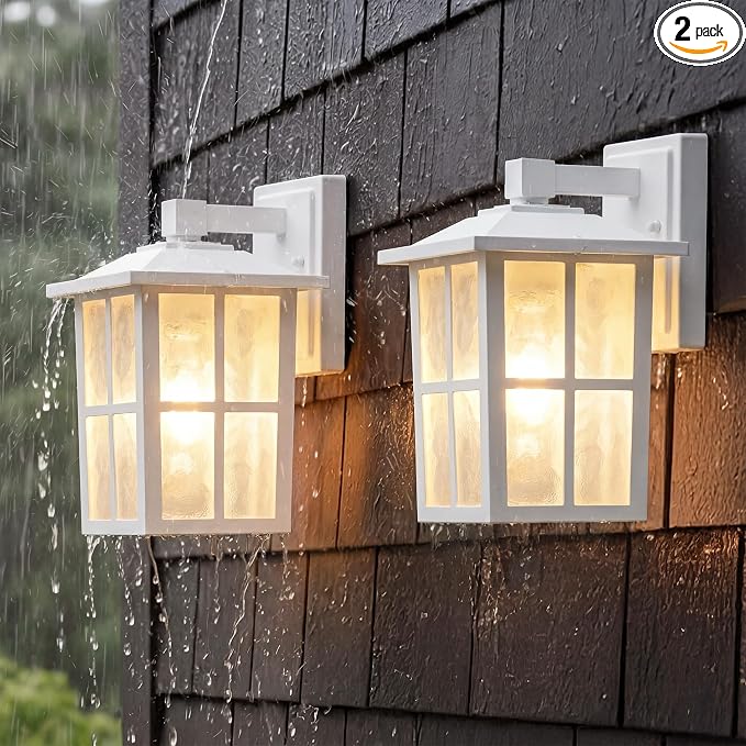 KDG White Outdoor Waterproof Modern Patio Wall Light Fixtures Set of 2 | E26 Socket Exterior Lanterns & Sconce with Tempered Glass, Wall Mounted Lamps for Home, Front Door, Garden, Garage, Porch