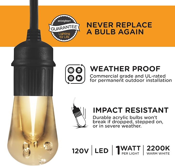 Enbrighten Vintage Outdoor String Lights, 48ft, 24 Bulbs, White Light Only | 2700K Warm White Light, Weatherproof, Shatterproof Acrylic Bulbs, Drop Cord, Easy Install Keyholes, Linkable up to 350ft