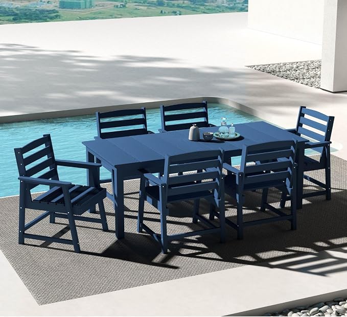 7-Piece Outdoor Dining Set with 75.2" Table for 6,Navy Blue | HDPE material, umbrella hole design, weather-resistant furniture, perfect for garden, lawn, poolside, yard, balcony, deck