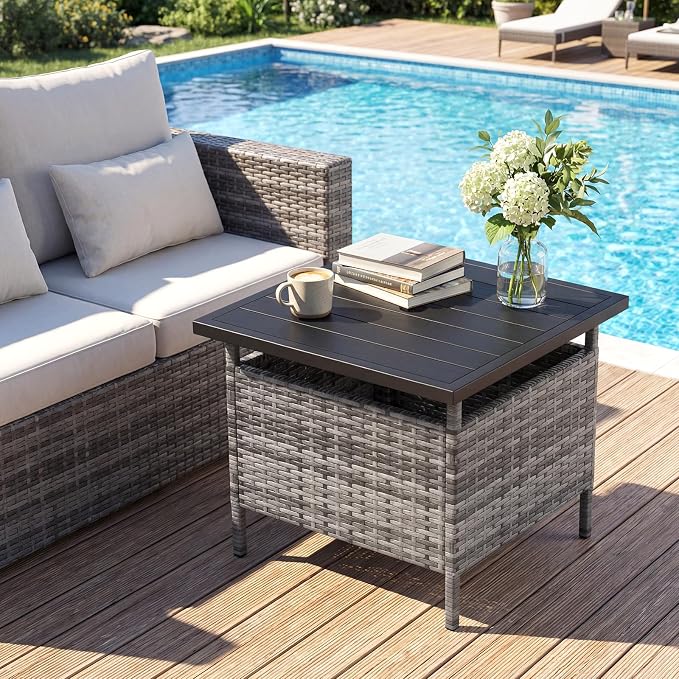 LDAILY Patio Table Umbrella, Outdoor Table with Umbrella Hole, Rattan Patio Side Table with Steel Umbrella Hole, HDPE Desktop & Metal Frame for Deck Garden Poolside Backyard Balcony (Mix Gray)