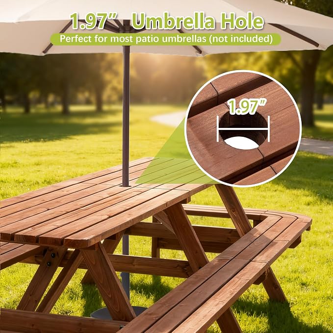 ZeHuoGe Picnic Table with Benches for 14-16 Persons, Nearly 8-Foot Long Outdoor Wooden Rectangle Table for Patio, Garden, Backyard, Large Outside Dining Set with Umbrella Hole