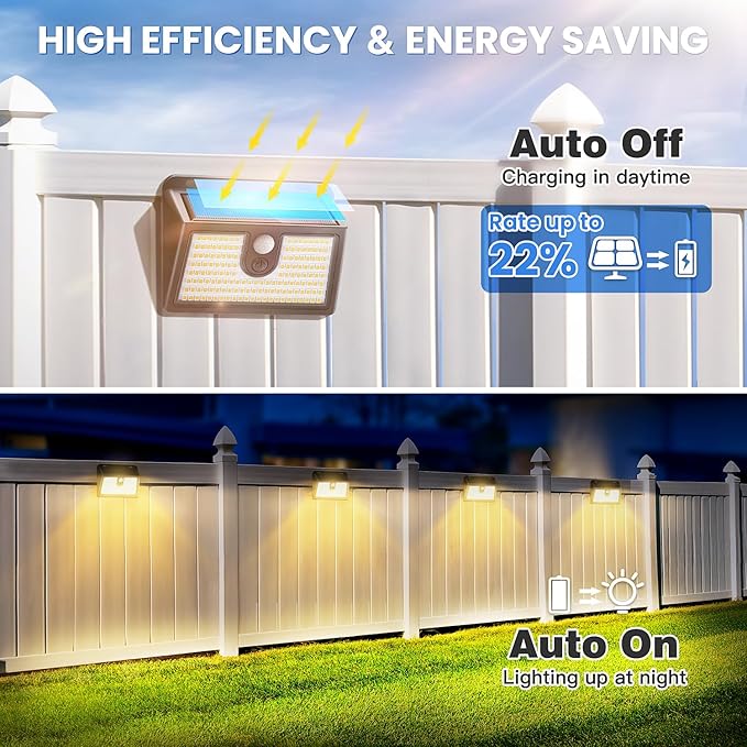 [4 Packs] Solar Motion Sensor Outdoor Lights, Super Bright Solar Lights Outdoor Waterproof, 3 Lighting Modes Security Wall Light for Outside Walking Dog Fence Backyard Deck Garden Door Step Garage